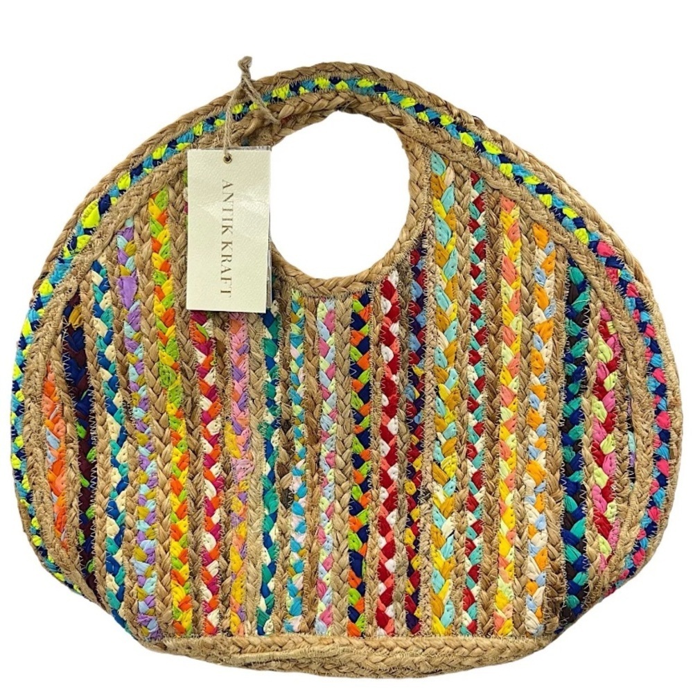 Antik Kraft Hobo Woven Juet Straw Recycled Fabric Handbag Multicolored